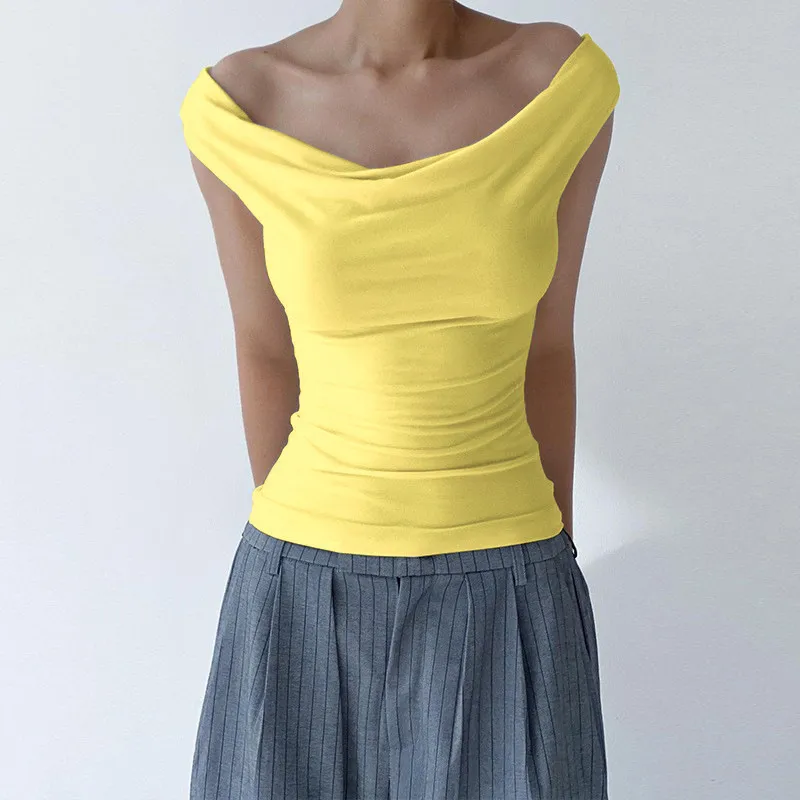 Women Off-Shoulder Slim Fit T-Shirt Solid Color Commuter Style
