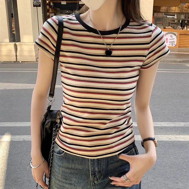Women Casual Contrast Stripe Short-Sleeve T-Shirt