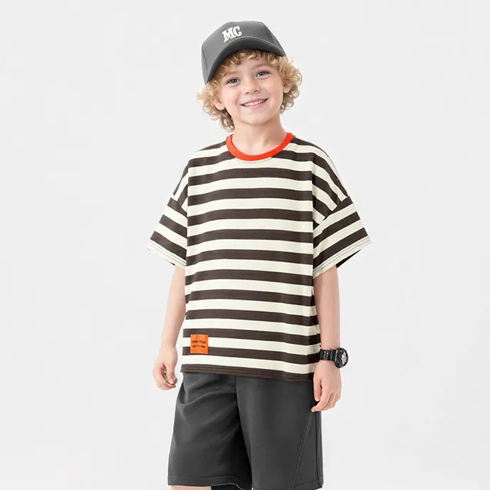 Boys Fashion Casual Stripe Short-Sleeve Crewneck T-Shirt