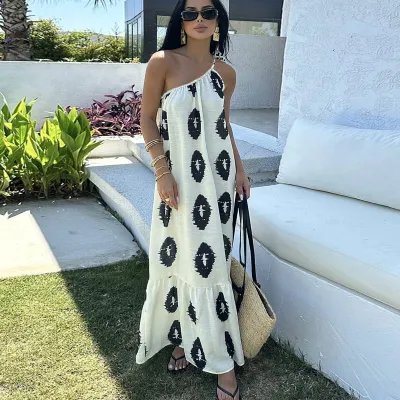 Women Casual Shoulder Print Vacation Maxi Dress