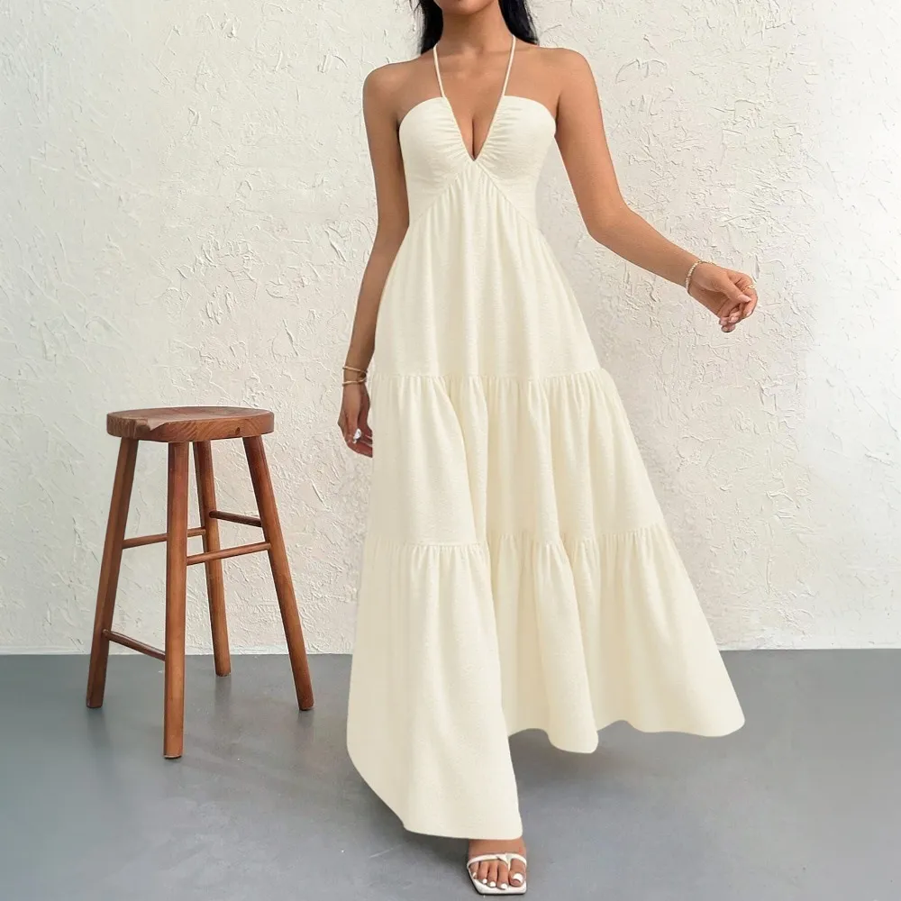 Women Sling Style Maxi Dress Solid Color V-Neck High Waist