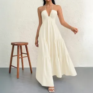 Women Sling Style Maxi Dress Solid Color V-Neck High Waist