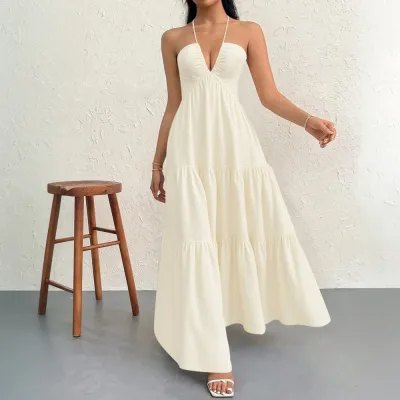 Women Sling Style Maxi Dress Solid Color V-Neck High Waist