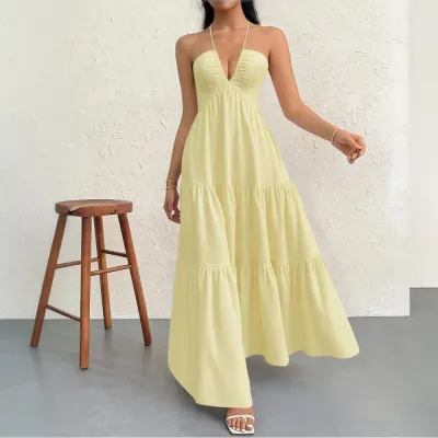 Women Sling Style Maxi Dress Solid Color V-Neck High Waist