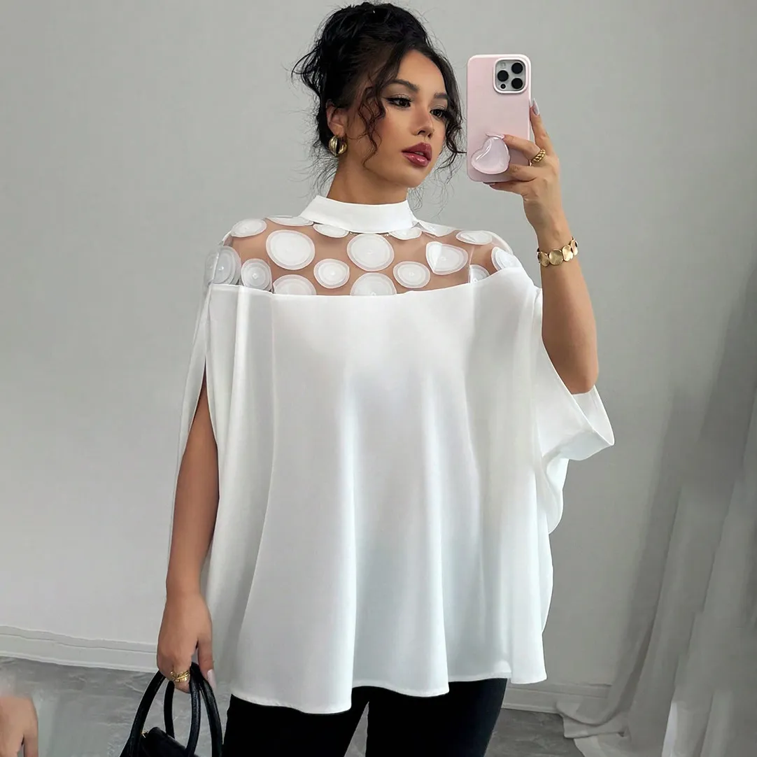 Women Casual Mesh Splicing Bat Sleeve Loose Blouse