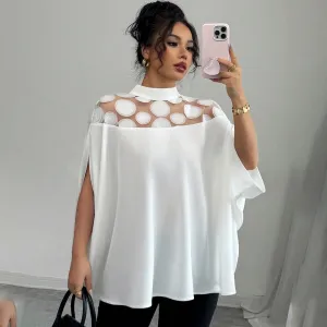 Women Casual Mesh Splicing Bat Sleeve Loose Blouse
