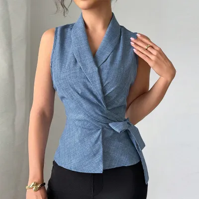 Women Sexy Solid Color Lapel Sleeveless Slim-Fit Blouse