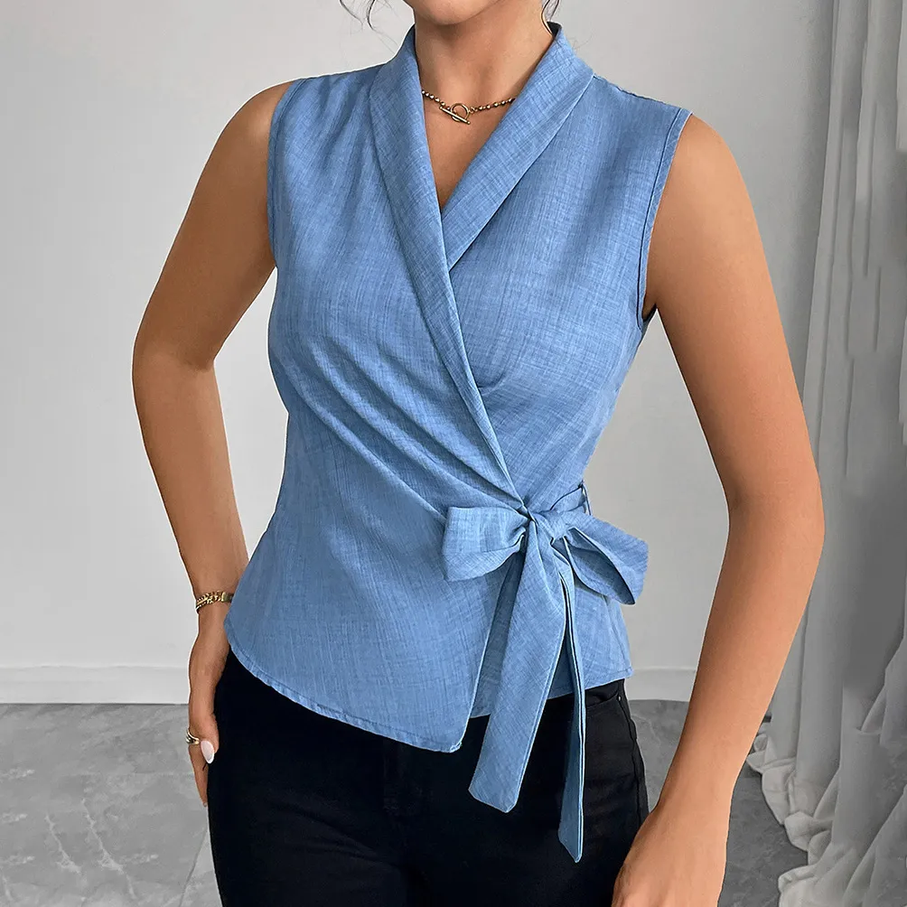 Women Sexy Solid Color Lapel Sleeveless Slim-Fit Blouse