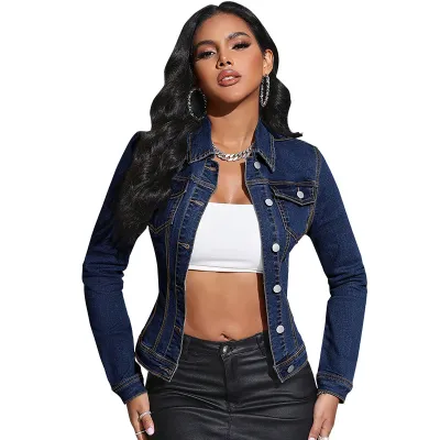 Fashion Women Long Sleeve Lapel Pocket Denim Jacket