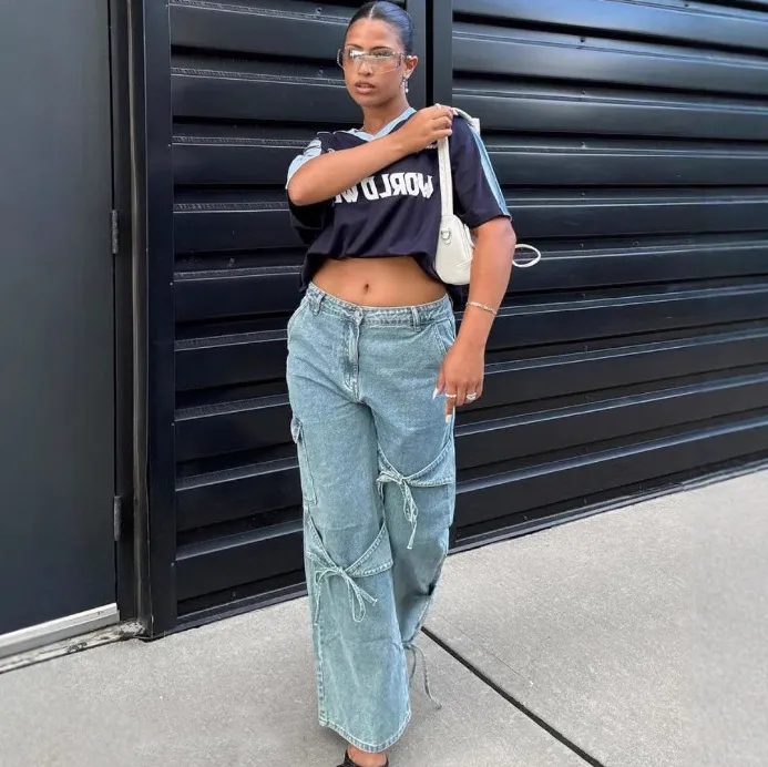 Y2K Women Fashion Bow Wide Leg Jeans