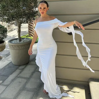 Women Fashion Sexy Solid Color Irregular Off-Shoulder Pleated Slim-Fit Maxi Dress