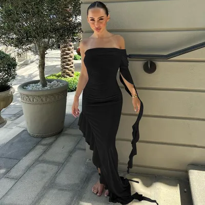 Women Fashion Sexy Solid Color Irregular Off-Shoulder Pleated Slim-Fit Maxi Dress