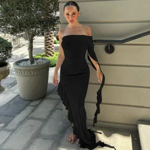 Women Fashion Sexy Solid Color Irregular Off-Shoulder Pleated Slim-Fit Maxi Dress