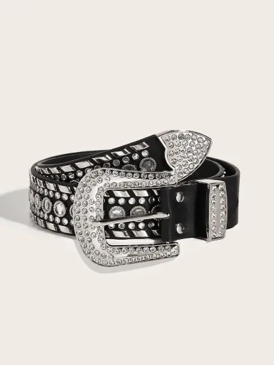 Women Fashion Punk Rivet Rhinestone Wide PU Leather Belt