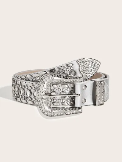 Women Fashion Punk Rivet Rhinestone Wide PU Leather Belt