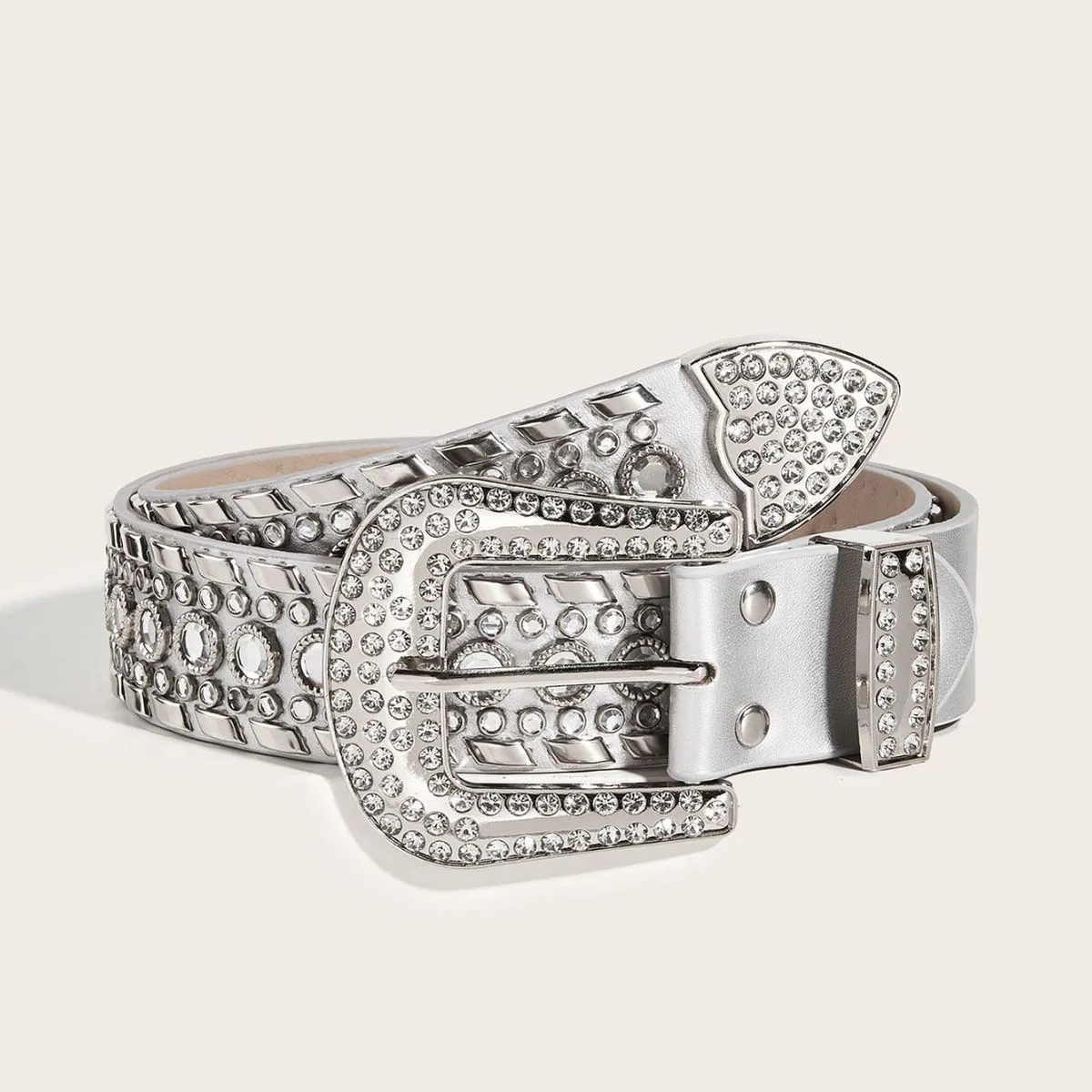 Women Fashion Punk Rivet Rhinestone Wide PU Leather Belt