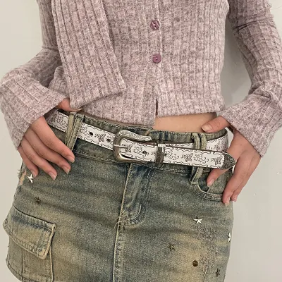 Women Fashion Retro Printed PU Leather Belt with Pin Buckle