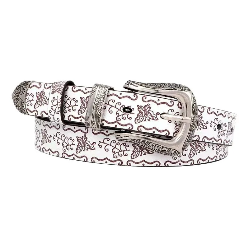 Women Fashion Retro Printed PU Leather Belt with Pin Buckle