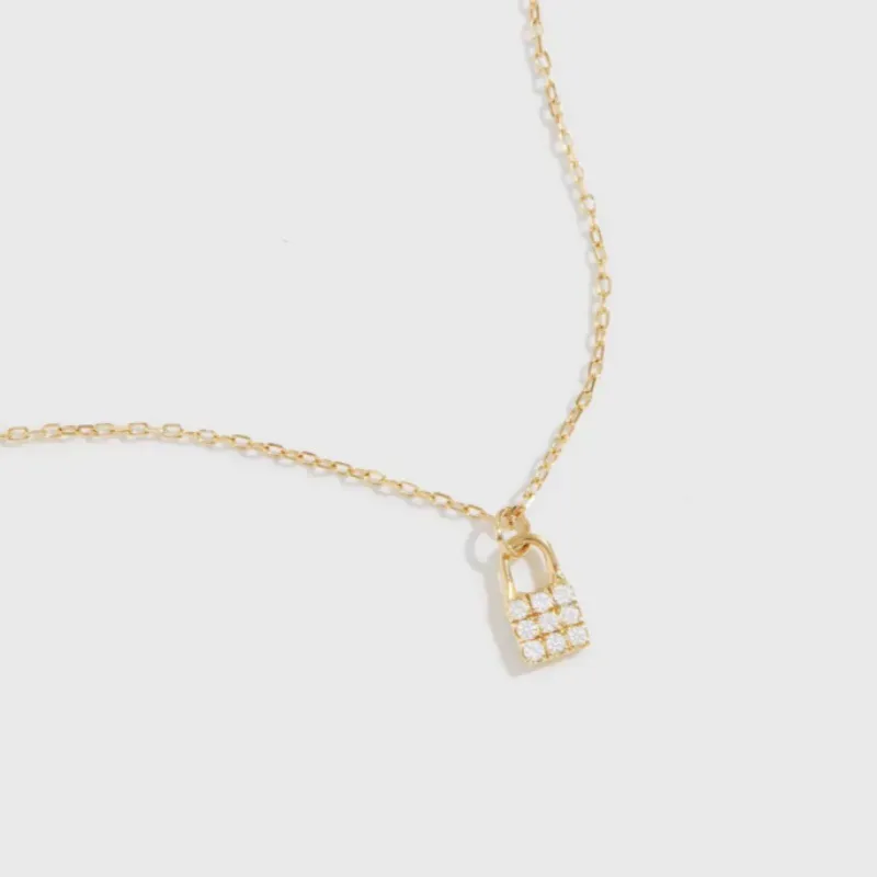 Women Simple 925 Sterling Silver Plated 14k Gold Lock Necklace