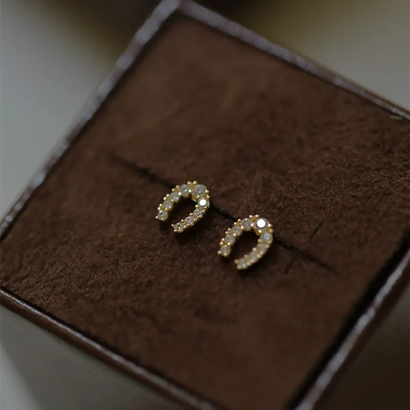 Women Fashion Simple Zircon S925 Sterling Silver Plated 14k Gold Horseshoe U-Shaped Earrings