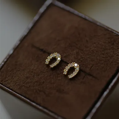 Women Fashion Simple Zircon S925 Sterling Silver Plated 14k Gold Horseshoe U-Shaped Earrings