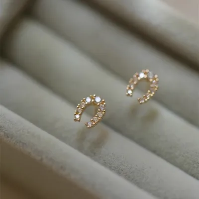 Women Fashion Simple Zircon S925 Sterling Silver Plated 14k Gold Horseshoe U-Shaped Earrings