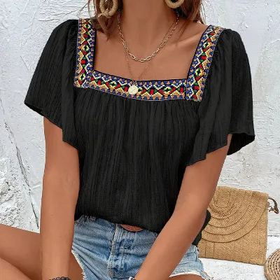 Women Casual Vacation Lace Embroidered Square Neck Lotus Leaf Backless Blouse