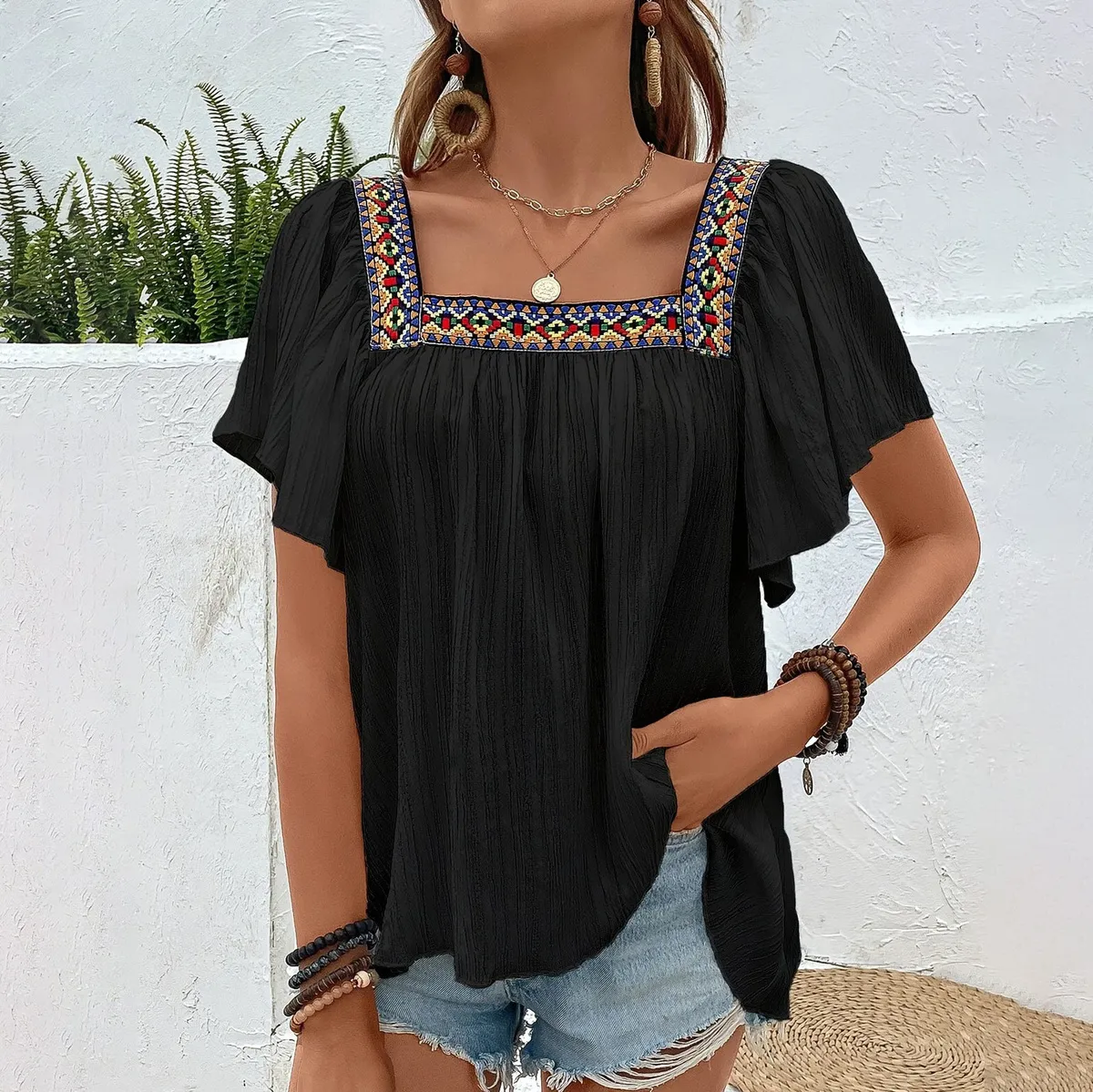 Women Casual Vacation Lace Embroidered Square Neck Lotus Leaf Backless Blouse