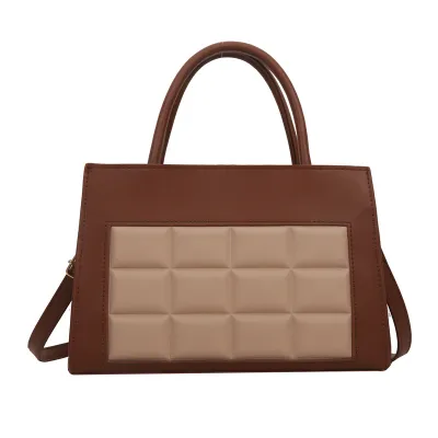 Elegant Retro Contrast Color PU Handbag with Check Indentation