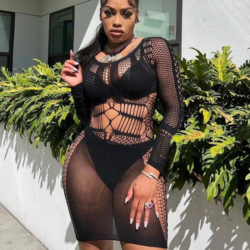 Women Fashion Solid Color Hollow Long Sleeve One-Piece Sexy Lingerie Bra Set