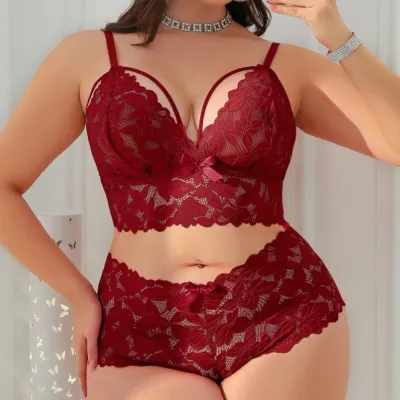 Women Fashion Solid Color Mesh Perspective Lace Sexy Lingerie Set