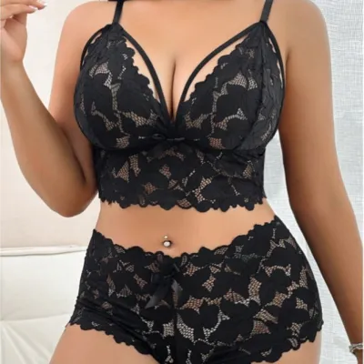 Women Fashion Solid Color Mesh Lace Sexy Lingerie Set