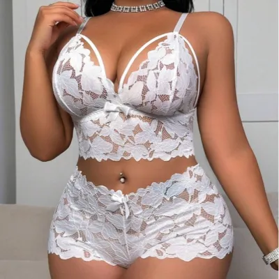 Women Fashion Solid Color Mesh Lace Sexy Lingerie Set