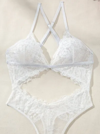 Women Sexy Lace Mesh Hollow-Out Bra Set Solid Color