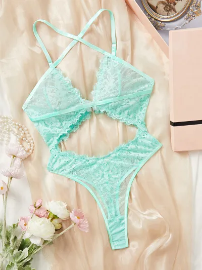 Women Sexy Lace Mesh Hollow-Out Bra Set Solid Color