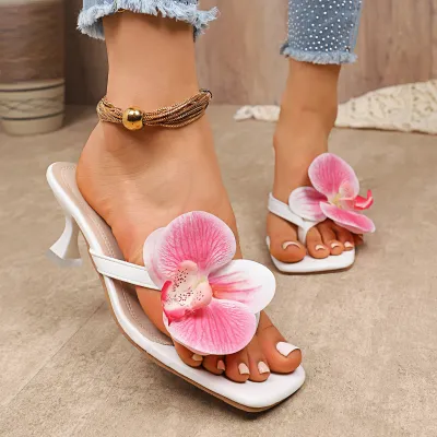 Women Fashion Elegant Floral Decoration Square Toe High Heel Shoes