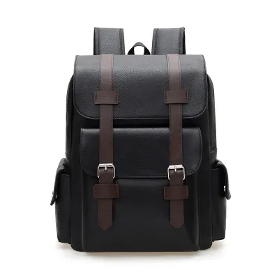British Retro Soft PU Leather Backpack Large Capacity Travel Belt Buckle Backpack