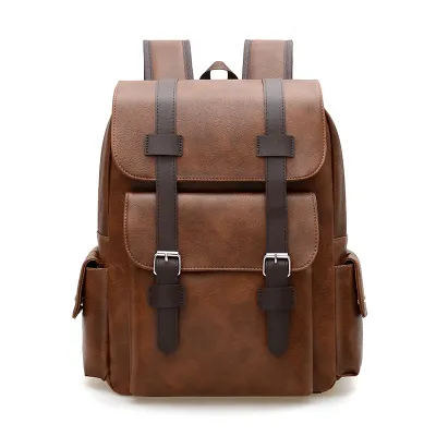 British Retro Soft PU Leather Backpack Large Capacity Travel Belt Buckle Backpack