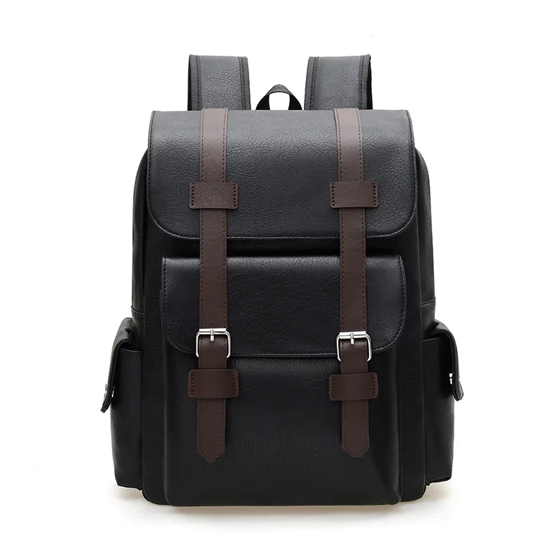 British Retro Soft PU Leather Backpack Large Capacity Travel Belt Buckle Backpack