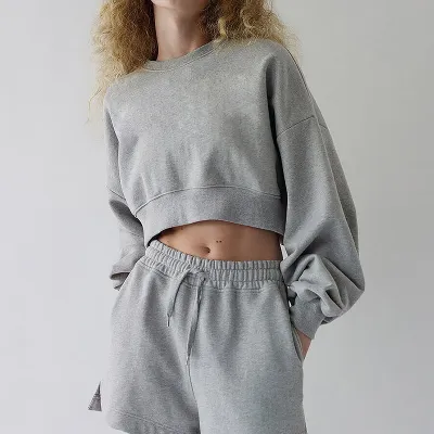 Women Street Solid Crewneck Crop Sweatshirt