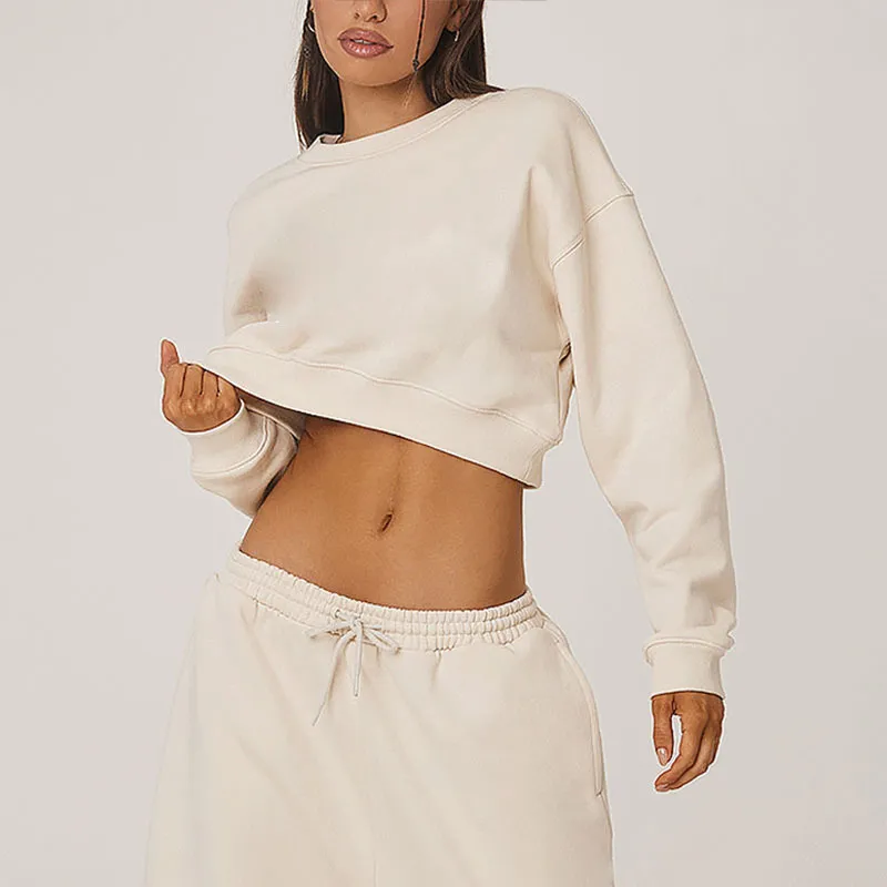 Women Street Solid Crewneck Crop Sweatshirt