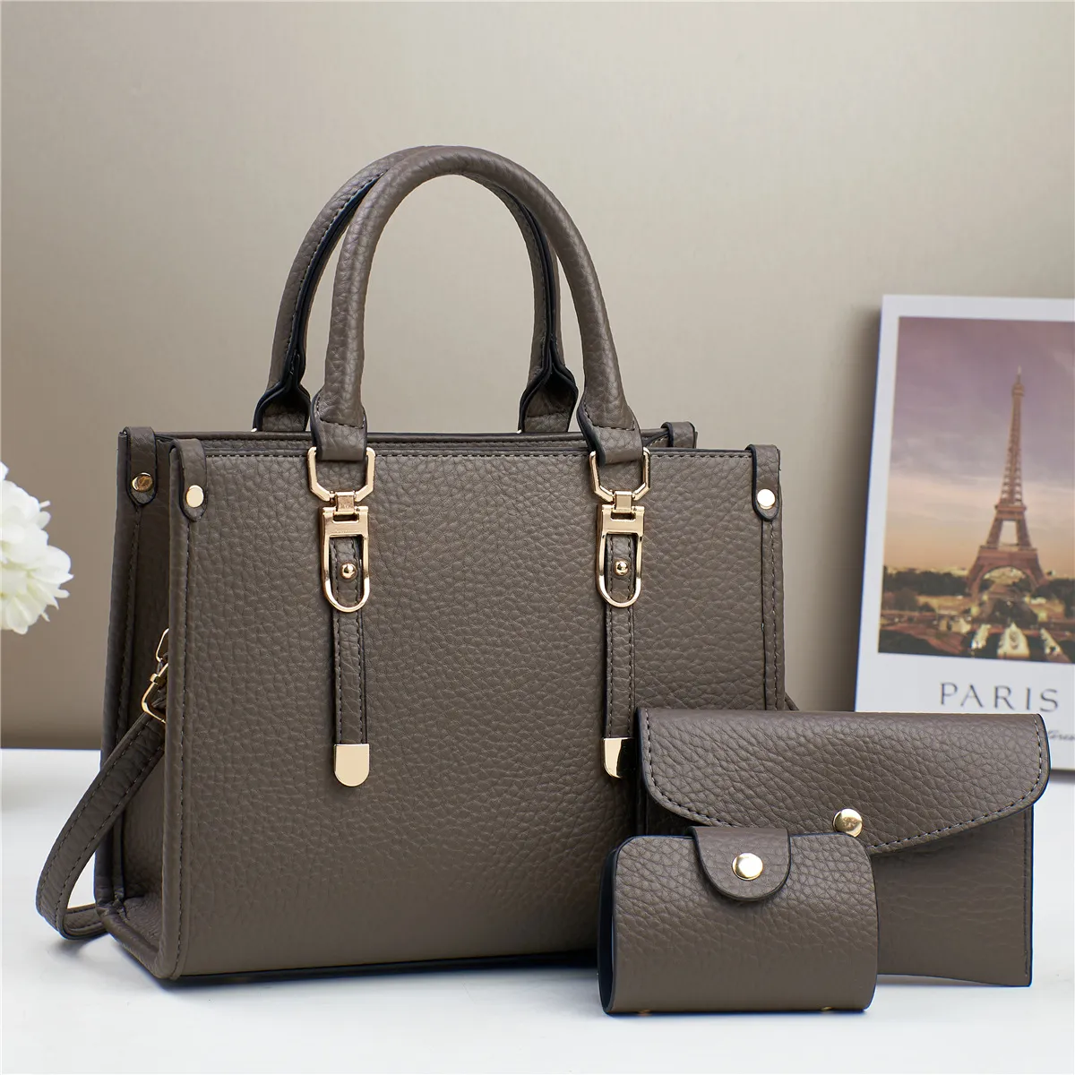 Large Capacity Women PU Tote Bag Handbag Set with Zipper Closure
