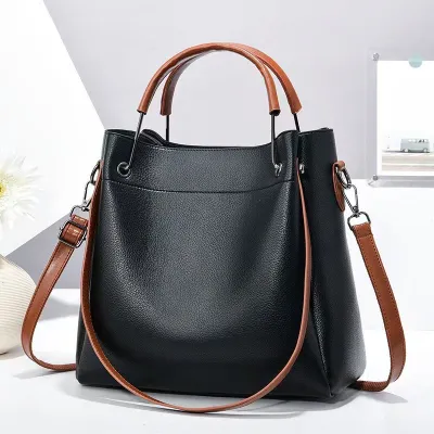 Women Retro Color Blocking Large Capacity Street Style PU Bucket Handbag