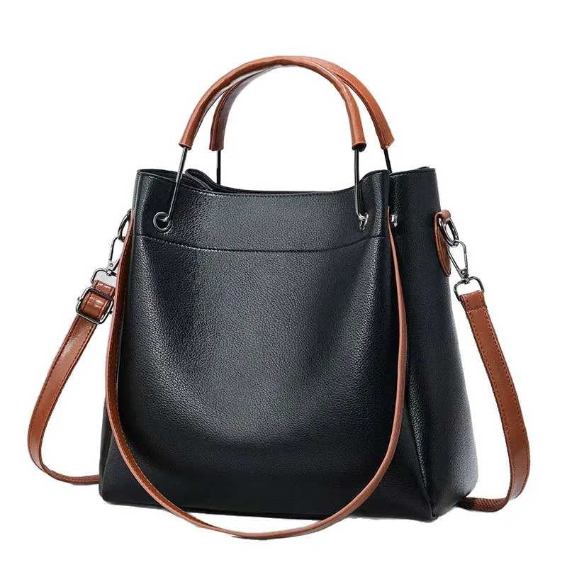 Women Retro Color Blocking Large Capacity Street Style PU Bucket Handbag