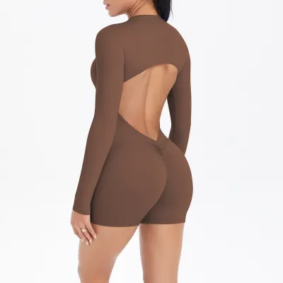 Women's Backless Zipper Yoga Rompers Long-Sleeve Solid Color Cotton Blend Sportswear