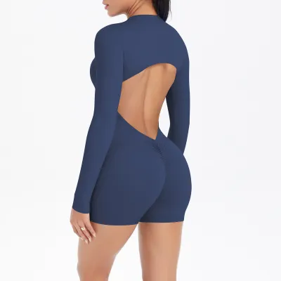 Women's Backless Zipper Yoga Rompers Long-Sleeve Solid Color Cotton Blend Sportswear
