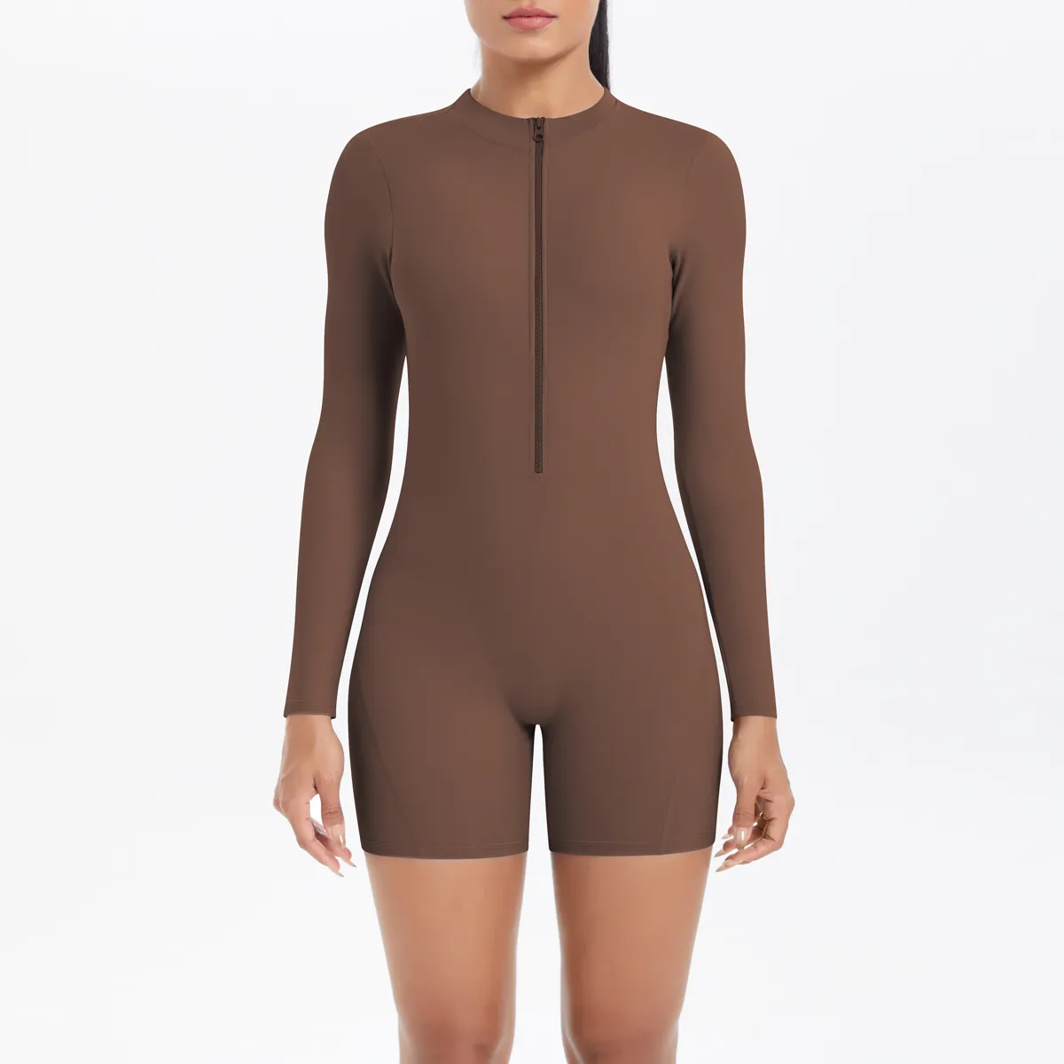Women's Backless Zipper Yoga Rompers Long-Sleeve Solid Color Cotton Blend Sportswear