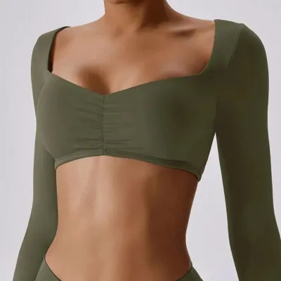 Women Sexy Solid Color Long Sleeve Crop Top Yoga Sports T-Shirt