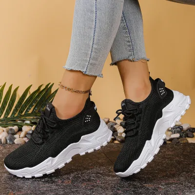 Women Fashion Casual Fly-Woven Breathable Lace-Up Thick Soled Sneaker