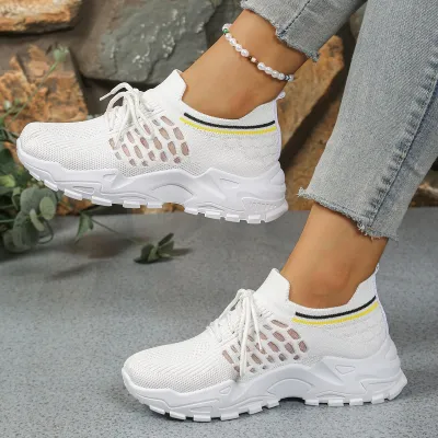 Women Fashion Casual Fly-Woven Breathable Lace-Up Thick Soled Sneaker
